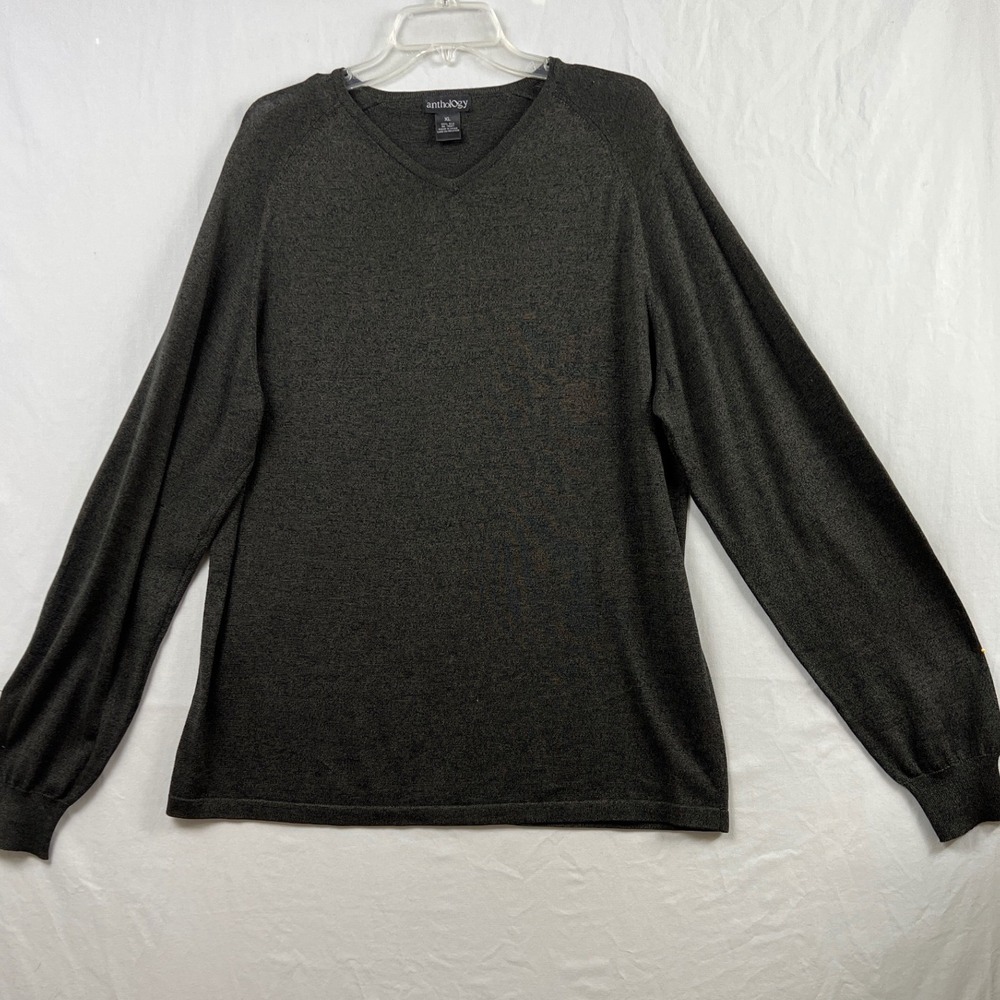 Anthology V-Neck Sweater Mens XL Charcoal Grey 100% Silk Raglan Sleeve Knit
